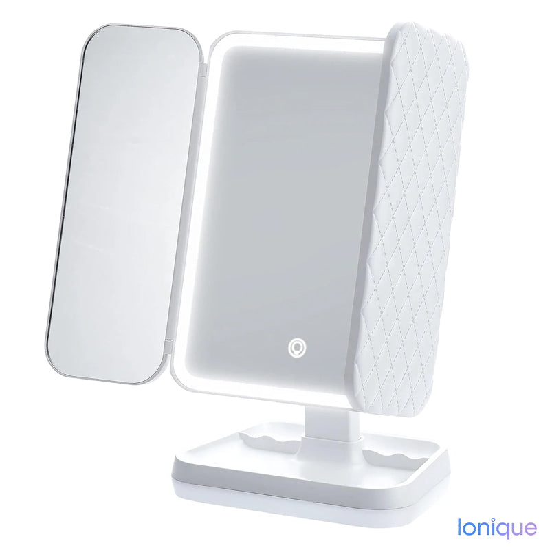 Ionique | Espelho Trifold LumiGlow – 3 Cores LED & Magnificação Panorâmica