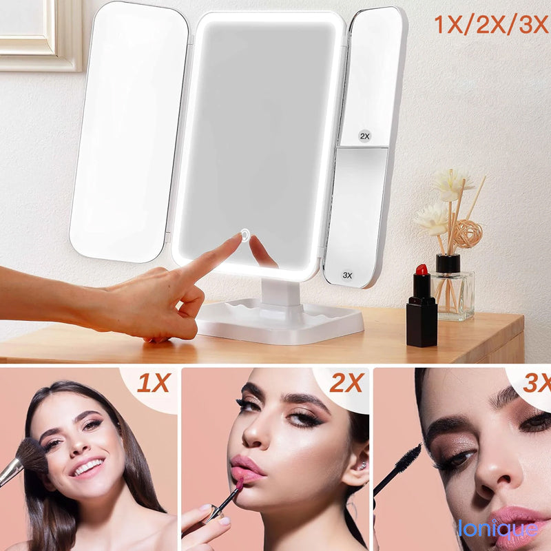 Ionique | Espelho Trifold LumiGlow – 3 Cores LED & Magnificação Panorâmica