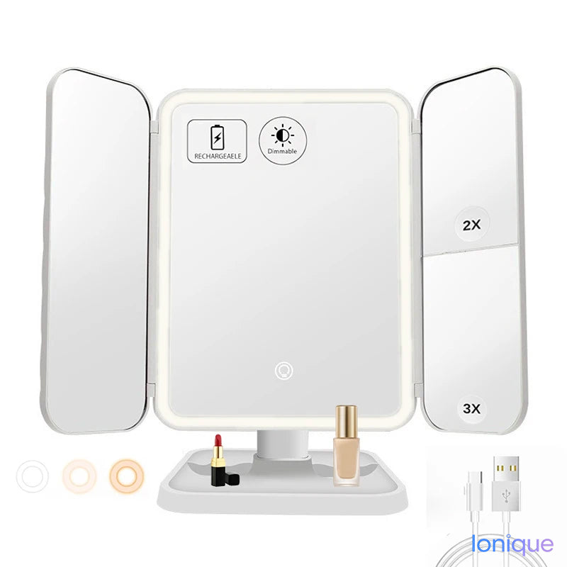 Ionique | Espelho Trifold LumiGlow – 3 Cores LED & Magnificação Panorâmica