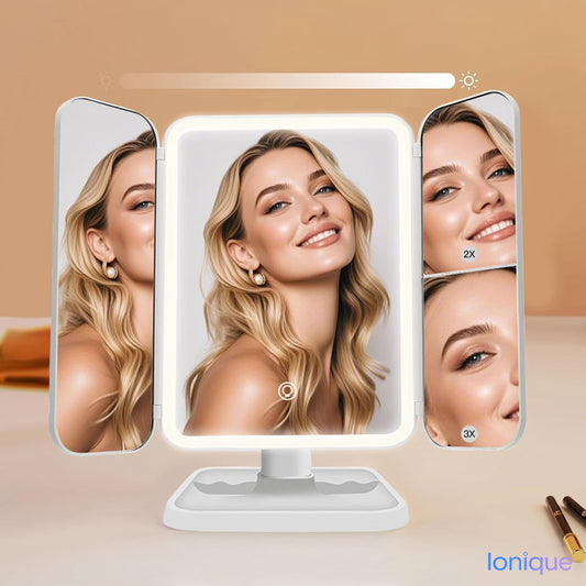 Ionique | Espelho Trifold LumiGlow – 3 Cores LED & Magnificação Panorâmica