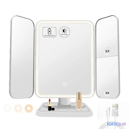 Ionique | Espelho Trifold LumiGlow – 3 Cores LED & Magnificação Panorâmica